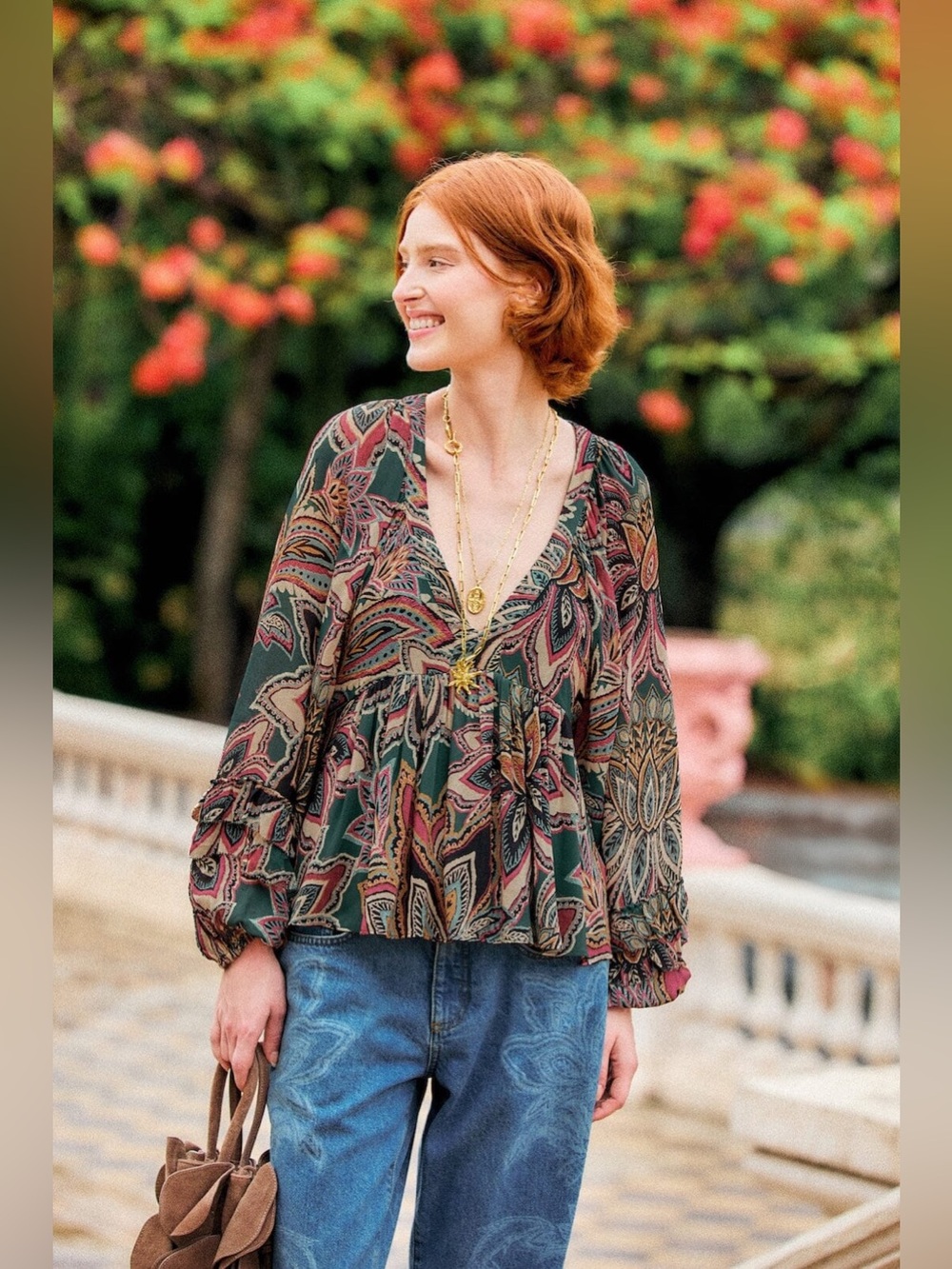 FARM Rio Tapestry Flowers Ruffled Blouse